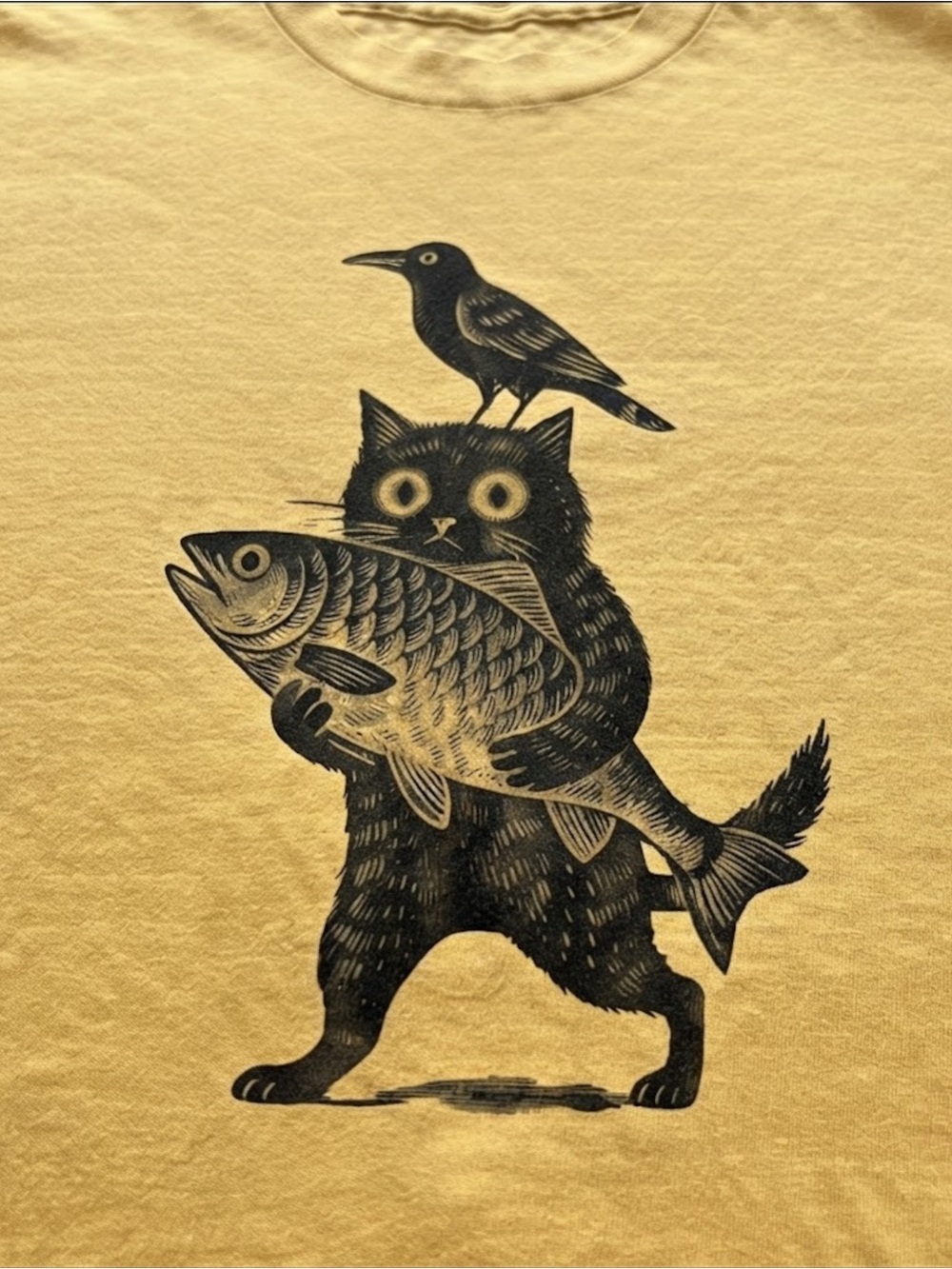 Yellow Graphic Print Gildan T-shirt with Black Cat, Fish & Bird Print - Picture 2 of 2